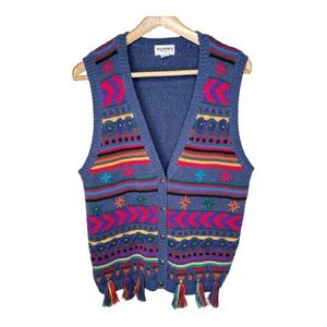Vintage Sweater Vest Festive Embroidered Rainbow Tassels Chunky Knit Size Large